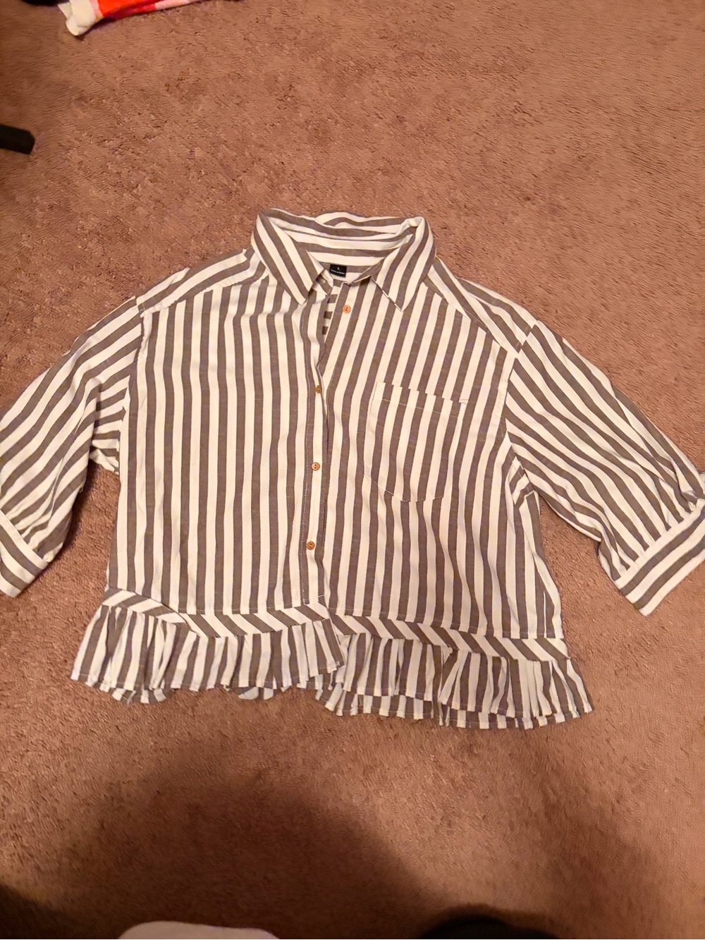 Striped Peplum Button-Up Shirt - Gray & White